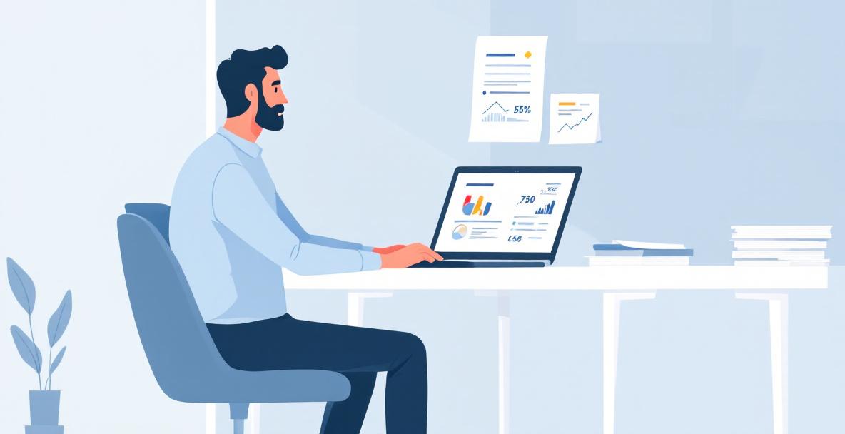 Illustration einer Person, die am Laptop ihre deutsche Rente online berechnet, mit deutschen Dokumenten und Finanzdiagrammen im Hintergrund.