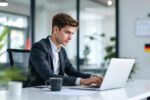 Junge berufliche Person am Schreibtisch mit Laptop und digitalen Sicherheitsymbolen, symbolisiert den Einstieg in Cybersecurity-Jobs in Deutschland.
