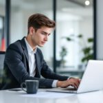 Junge berufliche Person am Schreibtisch mit Laptop und digitalen Sicherheitsymbolen, symbolisiert den Einstieg in Cybersecurity-Jobs in Deutschland.