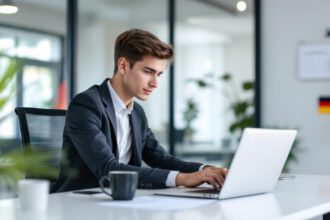 Junge berufliche Person am Schreibtisch mit Laptop und digitalen Sicherheitsymbolen, symbolisiert den Einstieg in Cybersecurity-Jobs in Deutschland.