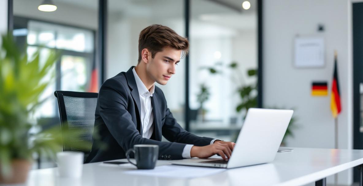 Junge berufliche Person am Schreibtisch mit Laptop und digitalen Sicherheitsymbolen, symbolisiert den Einstieg in Cybersecurity-Jobs in Deutschland.