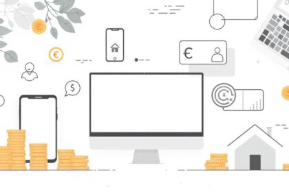 Symbolbild für passive Einkommen Ideen mit digitalen Geräten, Euro-Münzen und Immobilien auf neutralem Hintergrund.