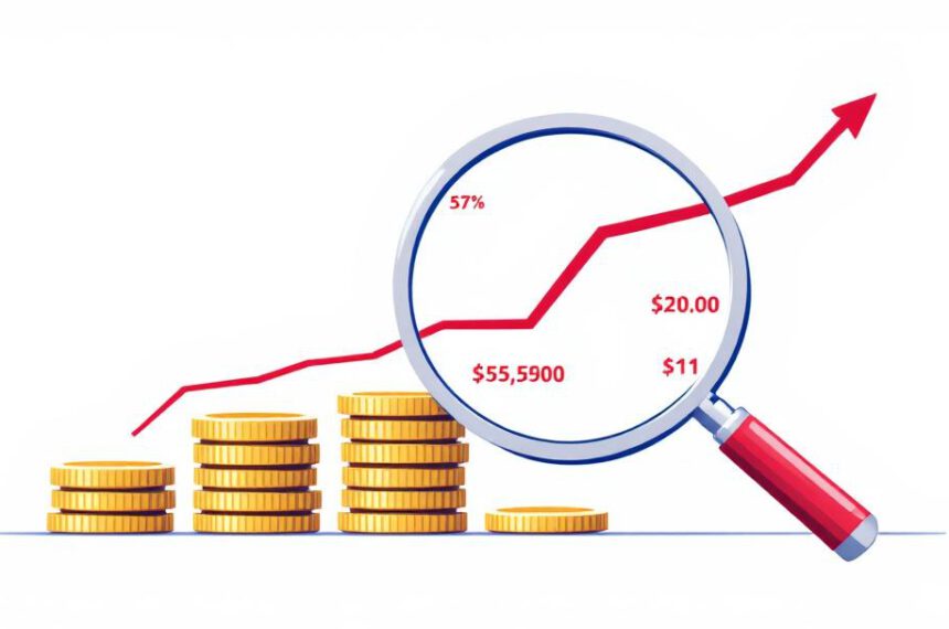 Illustration mit Lupe über Euro-Münzen und ansteigender Preiskurve als Symbol für Inflation.