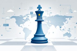 Symbolisches Bild von Europa als Schachfigur zwischen China und den USA mit Weltkarte und Technologien.