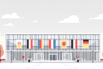 Ansicht des Bundesratsgebäudes in Berlin mit deutschen Fahnen und Symbolen für die Bundesländer
