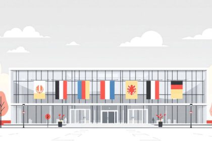 Ansicht des Bundesratsgebäudes in Berlin mit deutschen Fahnen und Symbolen für die Bundesländer