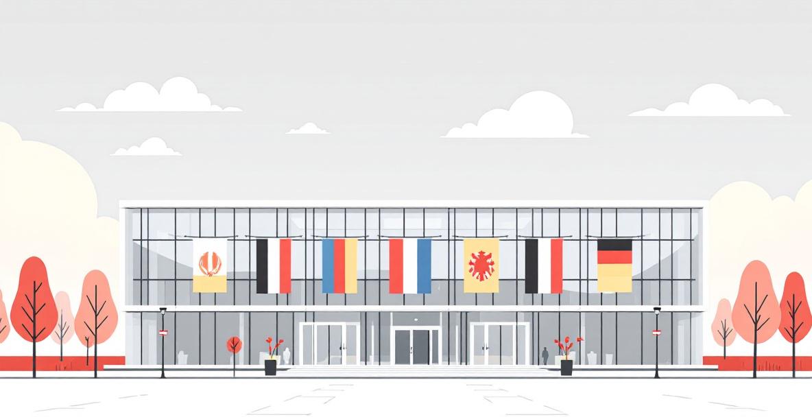 Ansicht des Bundesratsgebäudes in Berlin mit deutschen Fahnen und Symbolen für die Bundesländer
