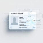 Illustration eines deutschen Personalausweises, der zu einer digitalen Version wird, mit Sicherheitssymbolen und neutralem Hintergrund.