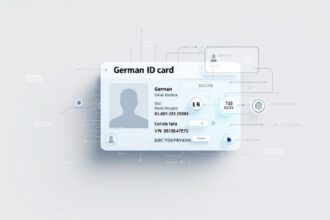 Illustration eines deutschen Personalausweises, der zu einer digitalen Version wird, mit Sicherheitssymbolen und neutralem Hintergrund.