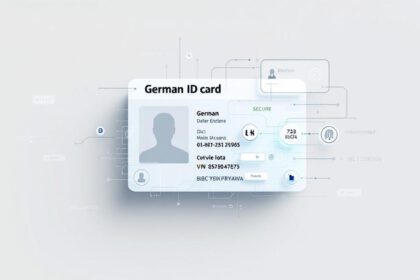 Illustration eines deutschen Personalausweises, der zu einer digitalen Version wird, mit Sicherheitssymbolen und neutralem Hintergrund.