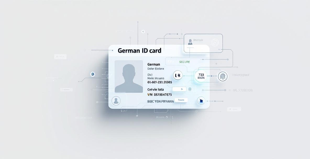 Illustration eines deutschen Personalausweises, der zu einer digitalen Version wird, mit Sicherheitssymbolen und neutralem Hintergrund.