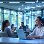Studierende sitzen an Laptops und Tablets, umgeben von KI-Symbolen und Datenvisualisierungen einer modernen Hochschullandschaft im Jahr 2025.