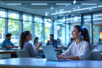 Studierende sitzen an Laptops und Tablets, umgeben von KI-Symbolen und Datenvisualisierungen einer modernen Hochschullandschaft im Jahr 2025.