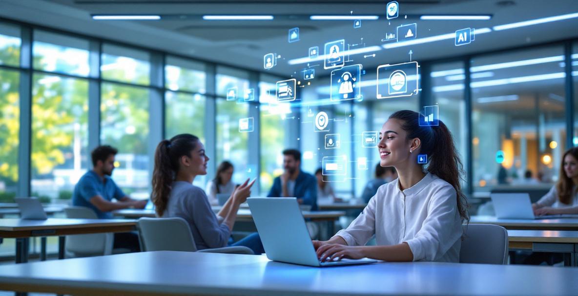 Studierende sitzen an Laptops und Tablets, umgeben von KI-Symbolen und Datenvisualisierungen einer modernen Hochschullandschaft im Jahr 2025.