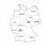 Illustration von Deutschland, unterteilt in Bundesländer, mit Symbolen für Bildung, Politik und Infrastruktur