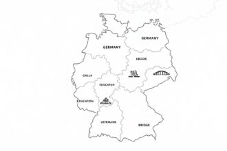 Illustration von Deutschland, unterteilt in Bundesländer, mit Symbolen für Bildung, Politik und Infrastruktur