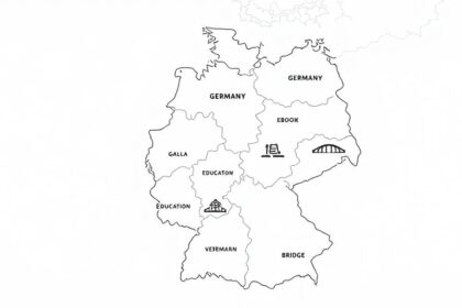 Illustration von Deutschland, unterteilt in Bundesländer, mit Symbolen für Bildung, Politik und Infrastruktur
