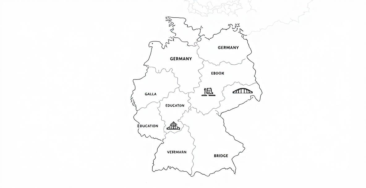 Illustration von Deutschland, unterteilt in Bundesländer, mit Symbolen für Bildung, Politik und Infrastruktur