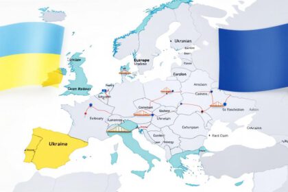 Illustration einer Europakarte mit EU- und ukrainischer Flagge symbolisiert Europas Rolle im Ukraine-Konflikt