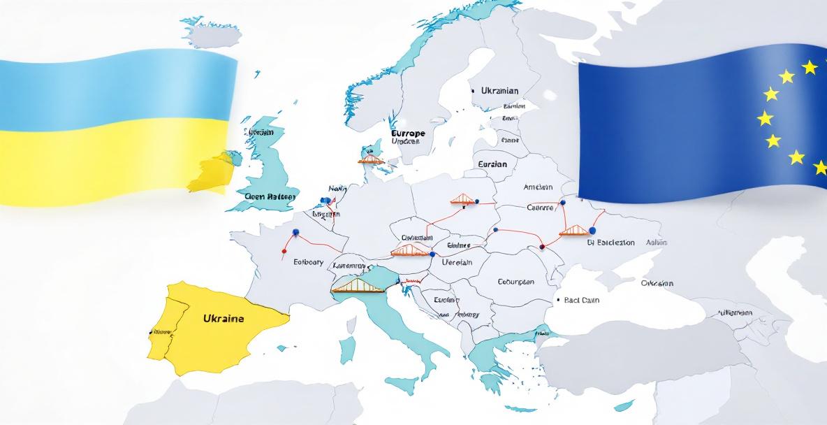 Illustration einer Europakarte mit EU- und ukrainischer Flagge symbolisiert Europas Rolle im Ukraine-Konflikt
