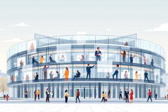Illustration des Europäischen Parlaments in Straßburg mit Symbolen für Demokratie und Gesetzgebung.