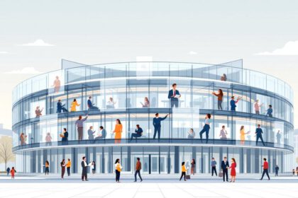 Illustration des Europäischen Parlaments in Straßburg mit Symbolen für Demokratie und Gesetzgebung.