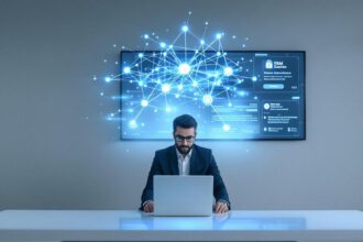 Modernes digitales Schaubild zu Cybercrime-Trends 2025 mit KI- und Angriffselementen
