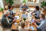 Erwachsene spielen gemeinsam Brettspiele und nutzen Tablets für Gehirnjogging in entspannter Runde.