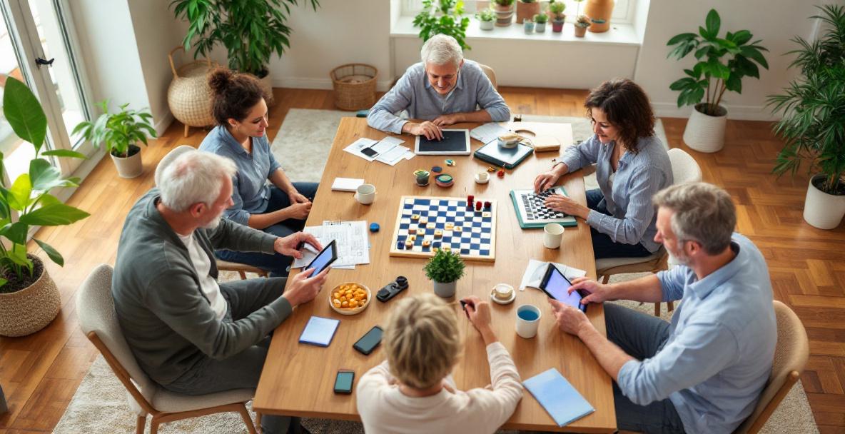 Erwachsene spielen gemeinsam Brettspiele und nutzen Tablets für Gehirnjogging in entspannter Runde.