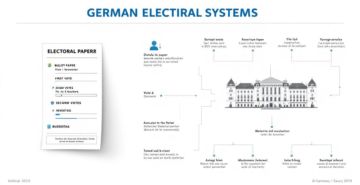 Infografik über den Aufbau des deutschen Wahlsystems mit Erst- und Zweitstimme sowie Bundestagsdiagramm