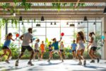 Gruppe von Menschen spielt Padel und Pickleball in modernem Outdoor-Park mit digitalen Fitness-Elementen