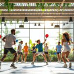 Gruppe von Menschen spielt Padel und Pickleball in modernem Outdoor-Park mit digitalen Fitness-Elementen