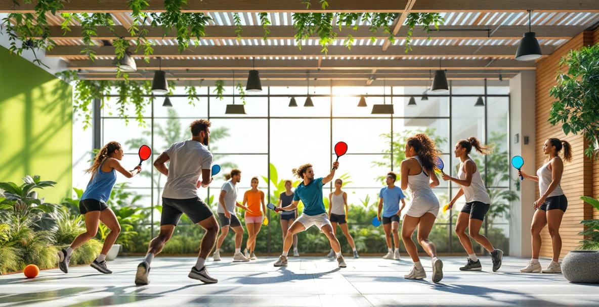 Gruppe von Menschen spielt Padel und Pickleball in modernem Outdoor-Park mit digitalen Fitness-Elementen