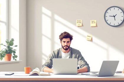 Studierende am Schreibtisch konzentriert beim Lernen und im Umgang mit Ablenkungen.