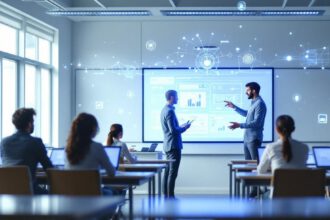 Klassenzimmer mit Schülern, Lehrkraft und moderner KI-Technologie im Einsatz