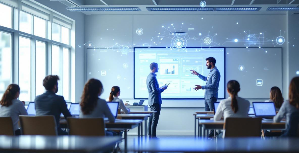 Klassenzimmer mit Schülern, Lehrkraft und moderner KI-Technologie im Einsatz