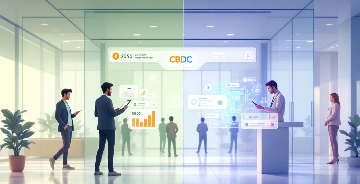 Symbolische Darstellung von Bitcoin und einer digitalen Zentralbankwährung vor Verbrauchern in einem modernen Bankumfeld.