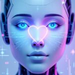 Symbolbild eines humanoiden Roboters mit leuchtendem Emotionssymbol und digitalen Datenströmen als Darstellung emotionaler KI.