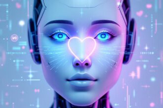 Symbolbild eines humanoiden Roboters mit leuchtendem Emotionssymbol und digitalen Datenströmen als Darstellung emotionaler KI.