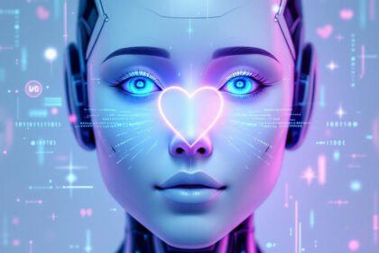 Symbolbild eines humanoiden Roboters mit leuchtendem Emotionssymbol und digitalen Datenströmen als Darstellung emotionaler KI.