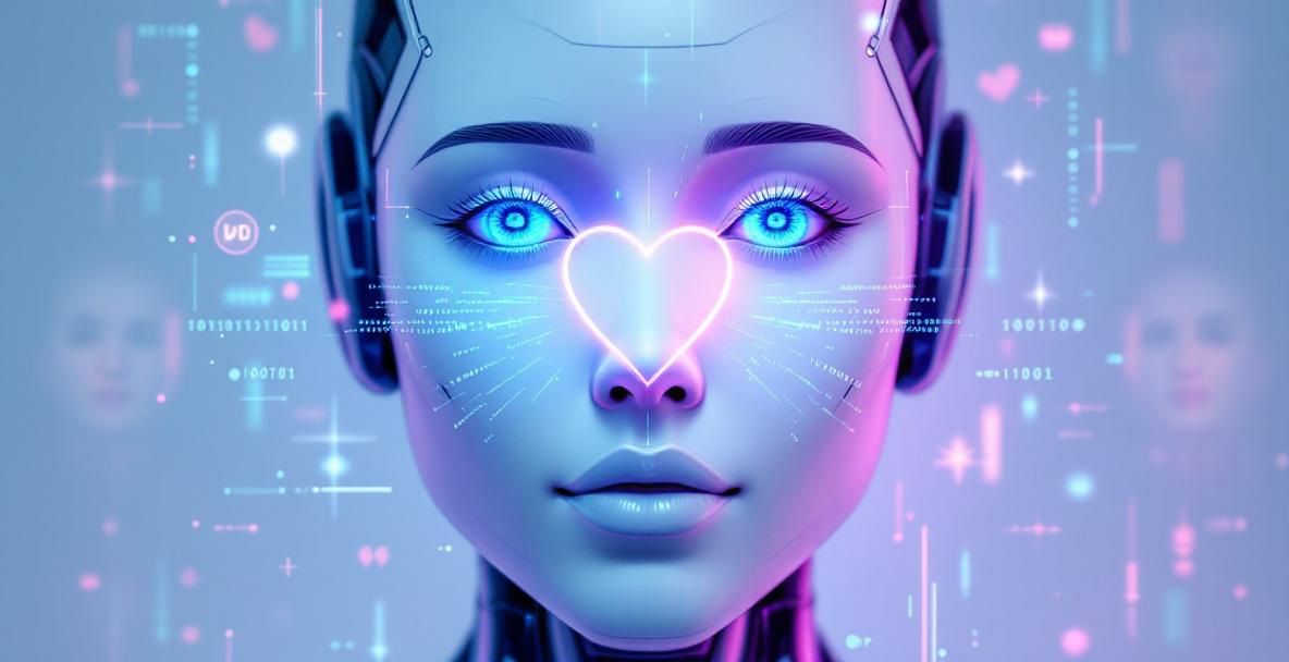 Symbolbild eines humanoiden Roboters mit leuchtendem Emotionssymbol und digitalen Datenströmen als Darstellung emotionaler KI.
