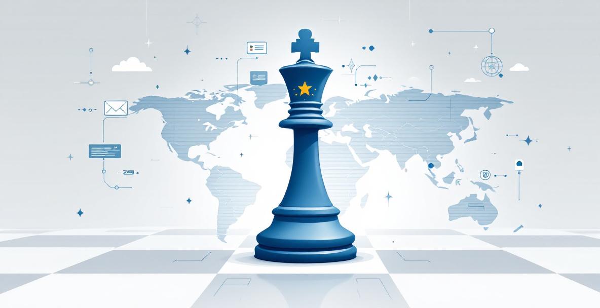 Symbolisches Bild von Europa als Schachfigur zwischen China und den USA mit Weltkarte und Technologien.