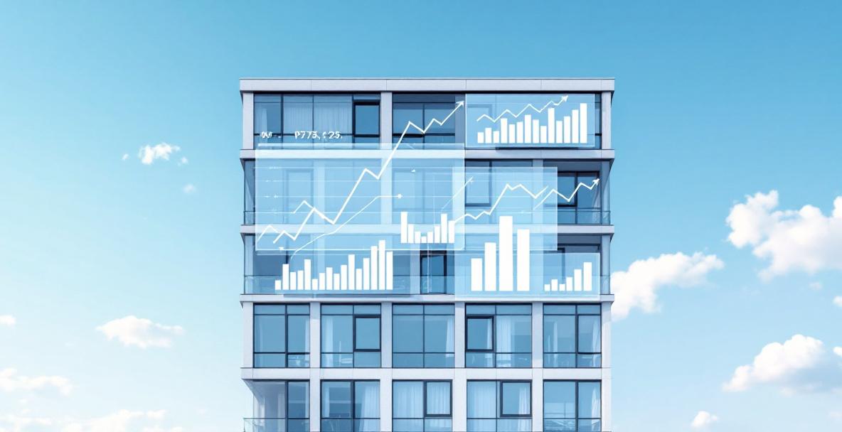 Ein modernes deutsches Wohngebäude mit Diagrammen, die Inflationsschutz und finanzielle Sicherheit symbolisieren.