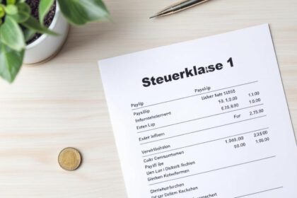 Ein Lohnzettel mit markierter Steuerklasse 1, daneben ein Taschenrechner und Euro-Münzen auf einem Schreibtisch.