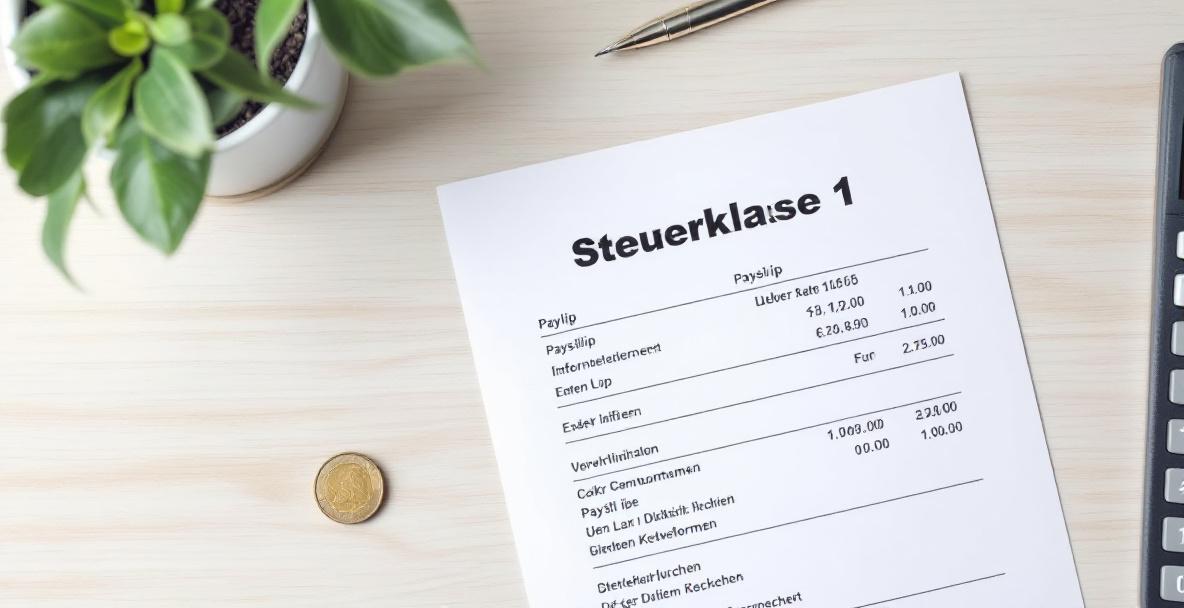 Ein Lohnzettel mit markierter Steuerklasse 1, daneben ein Taschenrechner und Euro-Münzen auf einem Schreibtisch.
