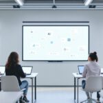 Schulklasse mit digitalen Geräten vor einer Tafel mit KI-Interface, Symbol für Vorteile und Nachteile von Künstlicher Intelligenz in Schulen.