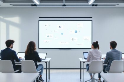 Schulklasse mit digitalen Geräten vor einer Tafel mit KI-Interface, Symbol für Vorteile und Nachteile von Künstlicher Intelligenz in Schulen.