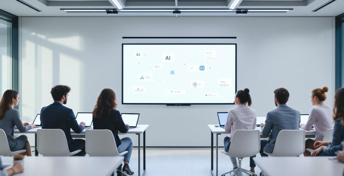 Schulklasse mit digitalen Geräten vor einer Tafel mit KI-Interface, Symbol für Vorteile und Nachteile von Künstlicher Intelligenz in Schulen.