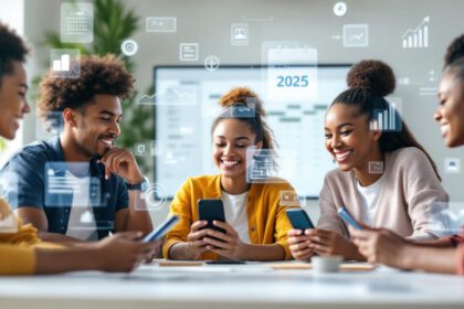 Gruppe von Studierenden nutzt 2025 Budgeting-Apps zur Finanzverwaltung am Universitätscampus.