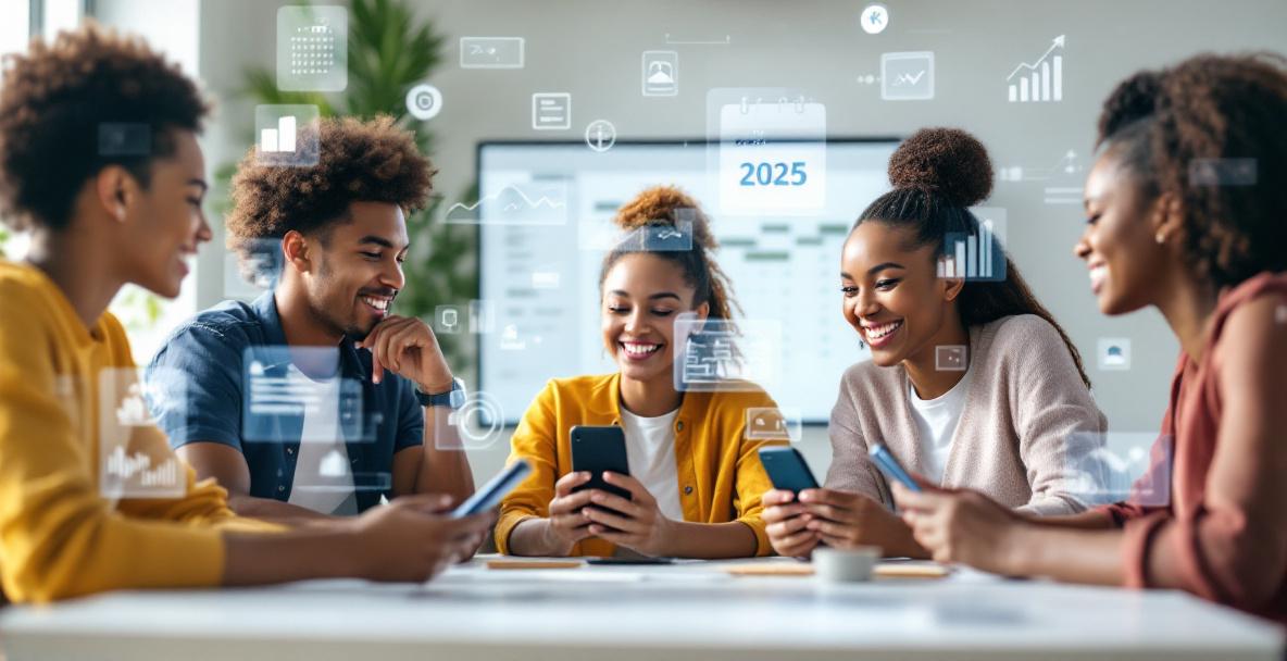 Gruppe von Studierenden nutzt 2025 Budgeting-Apps zur Finanzverwaltung am Universitätscampus.